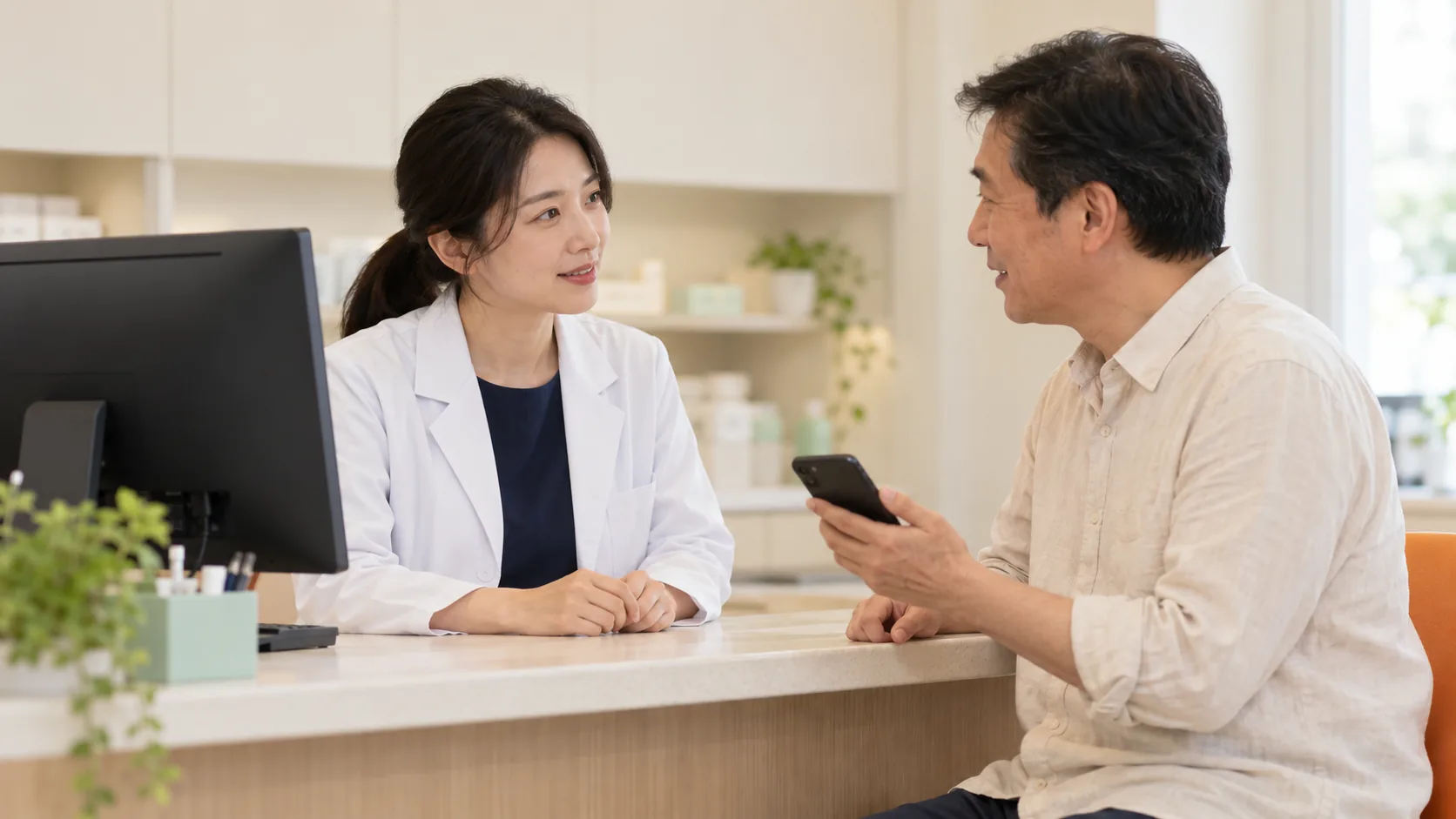 藥師與民眾分別使用螢幕和手機溝通的情境示意